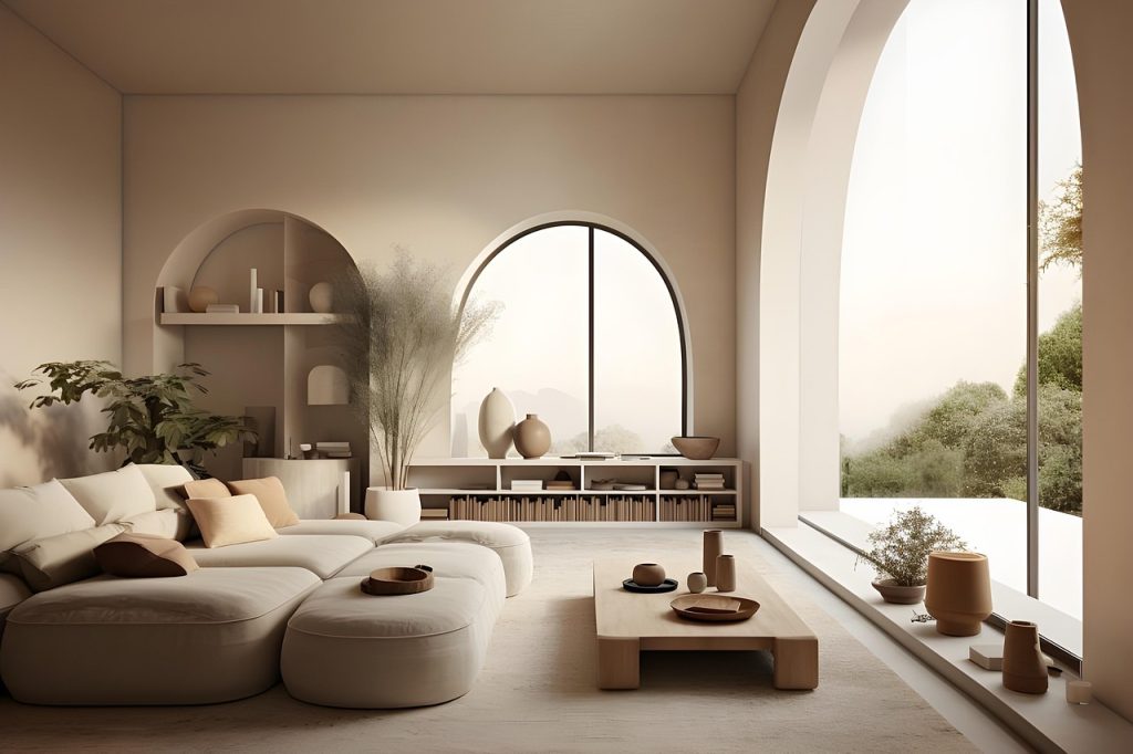 Przestrzeń prezentuje przykład stylu japandi. Pokój jest janst i minimalistyczny. Po lewej stronie stoi duża kanapa, po prawej okno rozciągające się na całą ścianę.